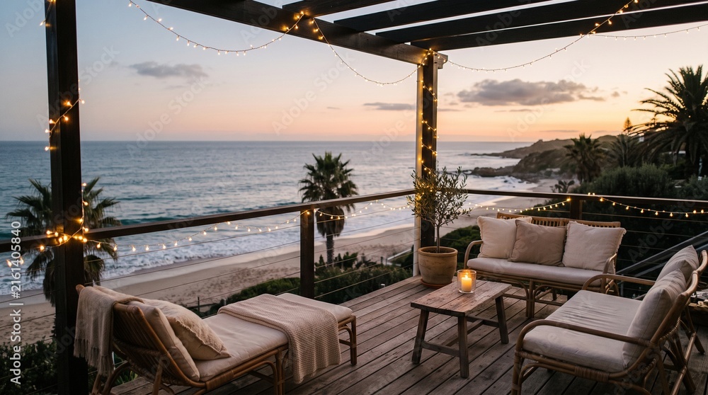 Fototapeta premium Cozy beachside terrace with string lights and ocean sunset views