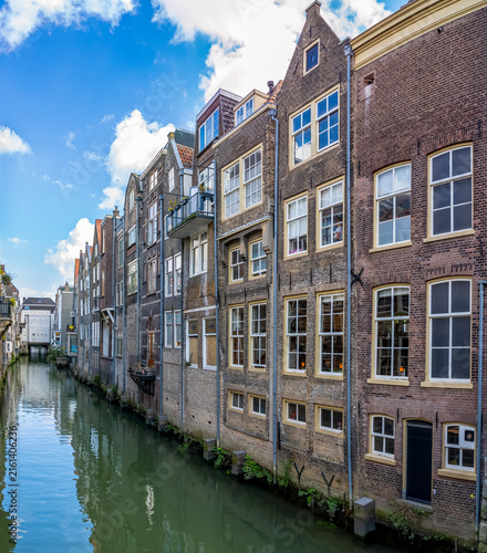 Panoramic photo of the historic canal houses on the Voorstraatshaven in the city center of Dordrecht