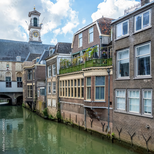 Photo of the historic Voorstraathaven in Dordrecht, with Dordrecht City Hall in the background