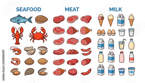 Colorful vector icon set featuring various seafood meat and milk products including fish steaks and dairy