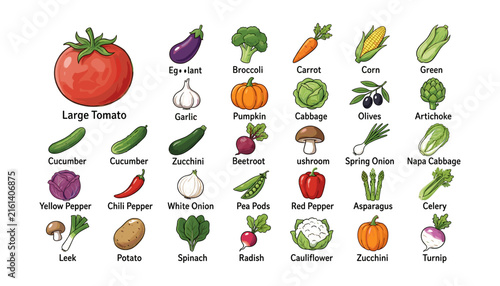 Colorful vector vegetable collection featuring a large tomato and various organic farm-fresh produce icons with labels