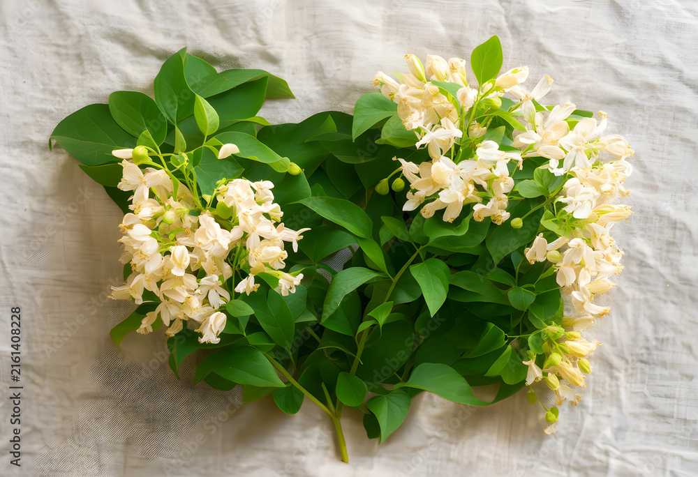 Obraz premium Spring floral arrangement with white flowers and green leaves on a natural linen background, fresh botanical decor