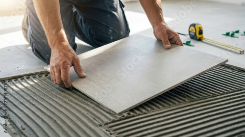 Professional construction worker installing large gray floor tiles over freshly spread adhesive mortar, hands positioning ceramic slab near linear drain, close up renovation and flooring work