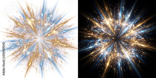 Golden and blue explosion light effect on white and black background abstract design