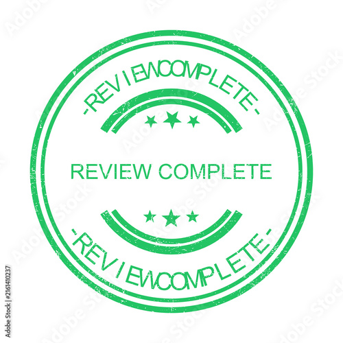 Green circular review complete badge with checkmark and star accents
