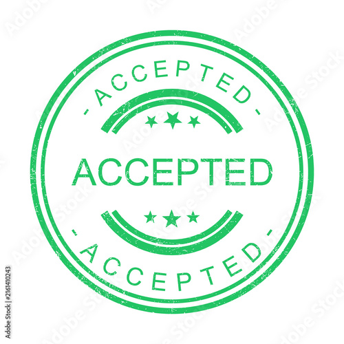 Green circular stamp with accepted text and checkmark design