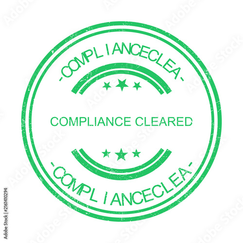Green compliance stamp with approved certification seal and company logo