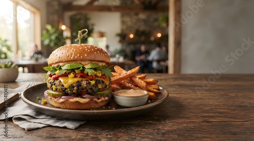 Gourmet Black Bean Burger with Crispy Fries and Fresh Salad