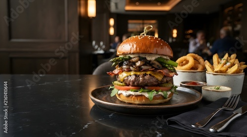 Gourmet burger with fries on dark background for restaurant advertising