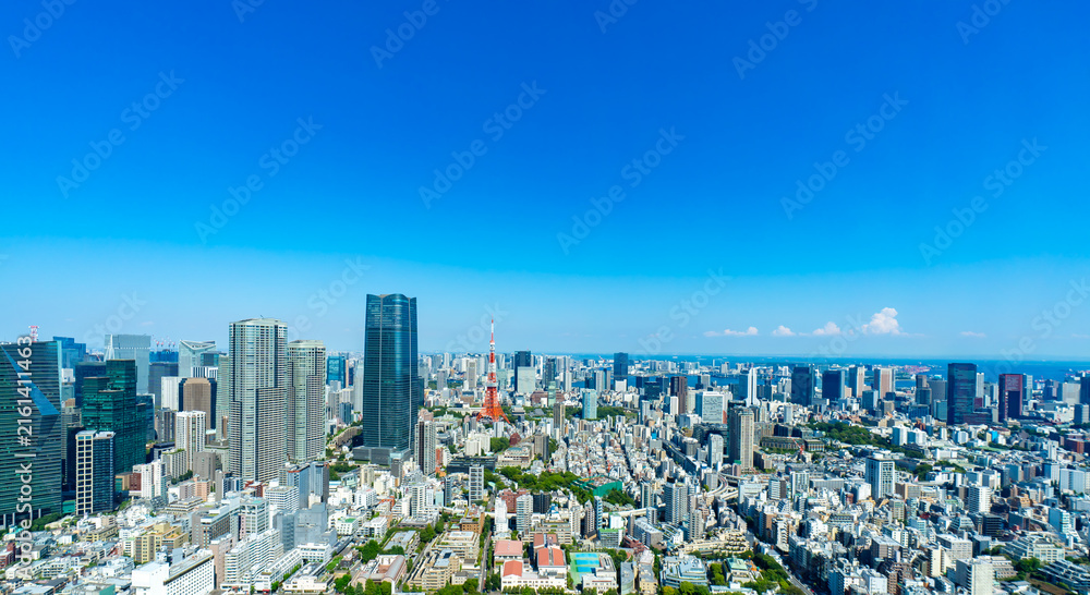 Obraz premium 広い青空と東京の街並みを望む都市パノラマ、日本