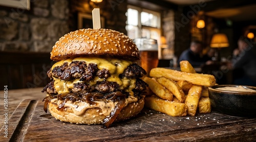 Close-up of a juicy smashed beef burger with crispy fries
