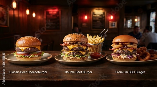 Gourmet Burgers with Fries on a Bar Counter at Night
