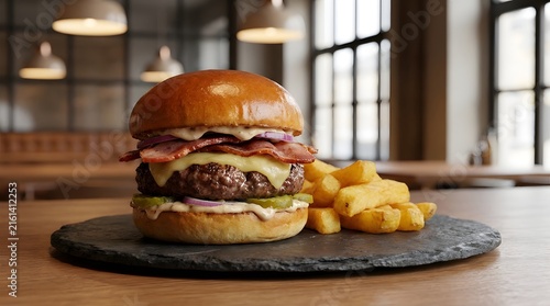 Juicy bacon cheeseburger with crispy fries on slate plate