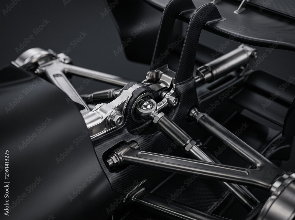 Fototapeta premium macro shot of suspension and detailed metal mechanisms of formula 1 race car with shiny bolts rods and carbon elements of structure in perfect light