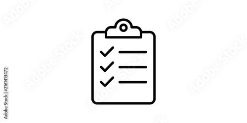 Black outline clipboard checklist icon with check marks and lines.