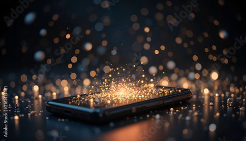 Smartphone with glowing screen displaying discount, surrounded by floating light particles, dark studio