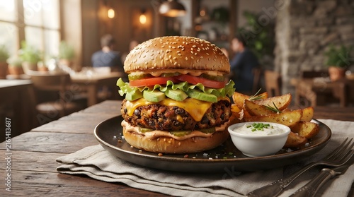 Juicy cheeseburger with black beans, fries, and dipping sauce
