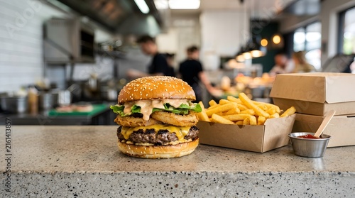 Juicy cheeseburger with crispy fries on a modern restaurant counter