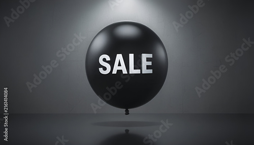 Black glossy balloon with SALE text hovering above reflective surface in studio lighting
