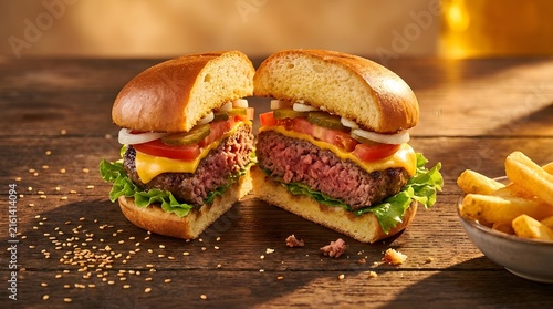 Juicy cheeseburger with bacon, lettuce, tomato on wooden table