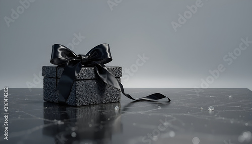 Black gift box with shiny ribbon on polished obsidian surface in minimalist composition

