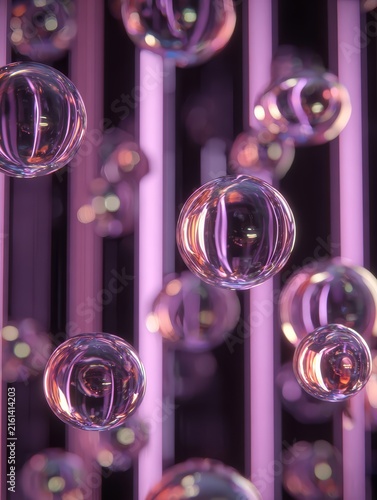 Numerous glass spheres with pink light reflections float among vertical lines