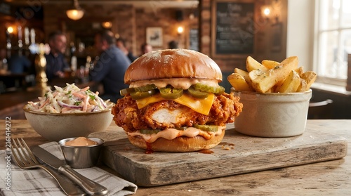 Delicious Chicken Burger with Coleslaw and Fries on Rustic Board