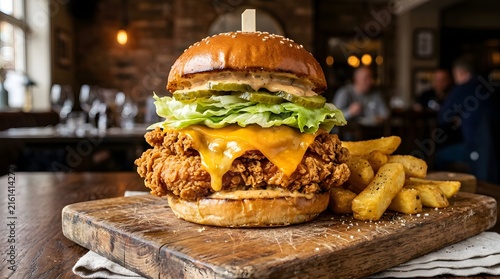 Crispy Chicken Cheddar Burger with Fries on Wooden Board