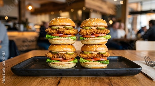 Stacked Chicken Burgers on Black Tray in Restaurant Setting