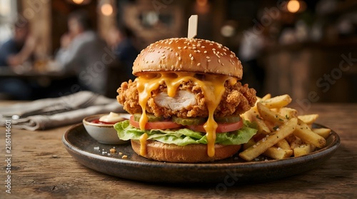 Crispy chicken cheese burger with fries on a black plate