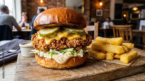 Close-up of crispy chicken pickle burger with fries on wooden table