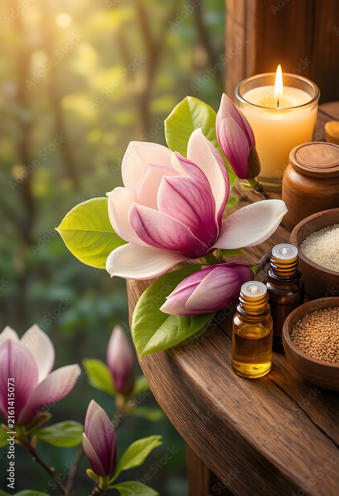 Fototapeta premium Spa and wellness with magnolia flowers, essential oils, and candle for relaxation and self care