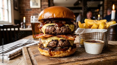 Stacked cheeseburgers with fries and dipping sauce on rustic wood