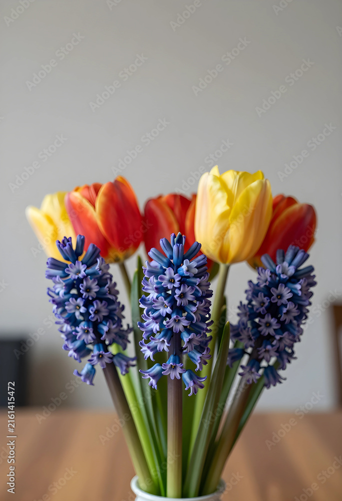 Fototapeta premium Spring flower bouquet with colorful tulips and purple hyacinths, fresh floral arrangement for home decor and celebration