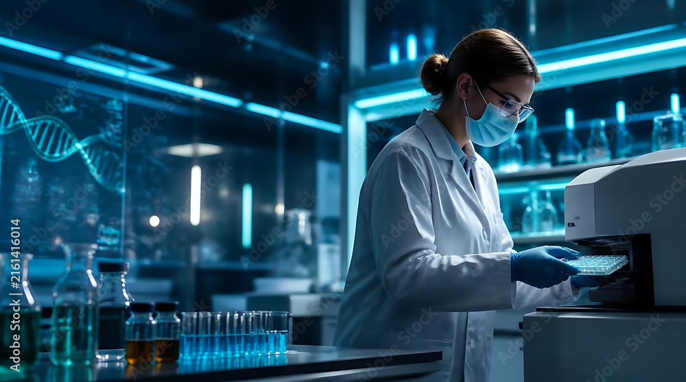 Fototapeta premium female scientist working in high-tech laboratory environment with advanced scientific equipment and digital DNA visualization