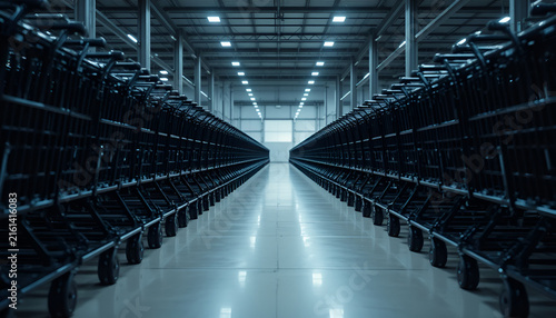 Perfectly aligned row of empty black shopping carts creating geometric perspective in minimalist warehouse style
