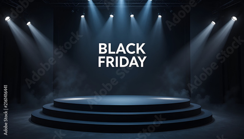 Black Friday empty podium with dramatic spotlight background for marketing events
