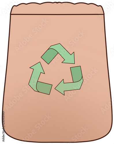 Recyclable brown paper bag with green recycle symbol