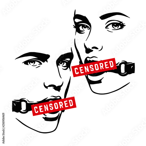 Fotografía Edgy illustration of gagged faces with red censored bars, bold protest against s