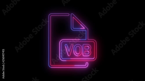Neon glowing VOB file icon representing a digital video file format on a dark background. Modern multimedia, video storage, digital media, file management, and technology concept.