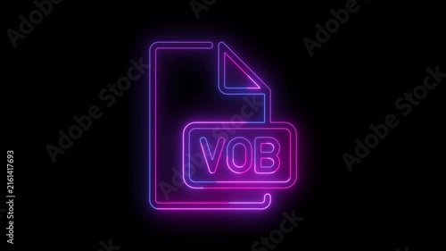 Neon glowing VOB file icon representing a digital video file format on a dark background. Modern multimedia, video storage, digital media, file management, and technology concept.