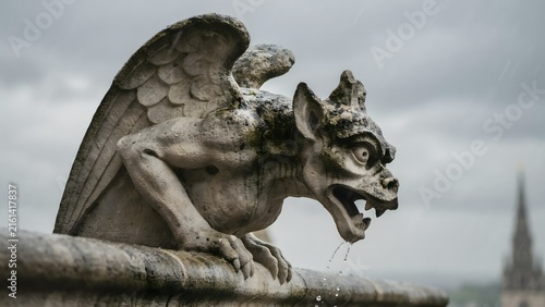 Stone Gargoyle with Detailed Features Overlooking Cityscape
