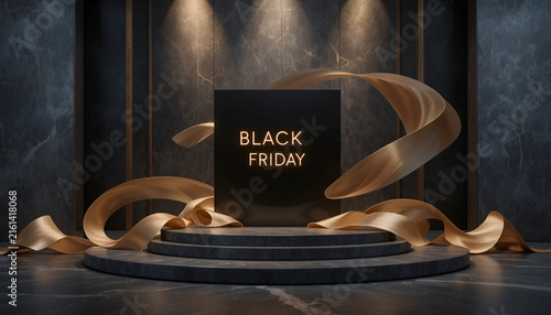 Elegant Black Friday Display with Spiraling Ribbons on Dark Background