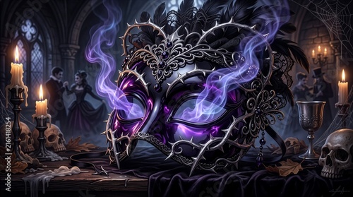 Dark fantasy masquerade mask crafted from polished obsidian with twisted metallic vines, ethereal mist flowing from the eye openings and violet highlights, sophisticated Halloween artwork