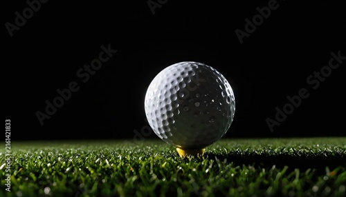white golf ball sitting on a tee in lush green grass against a pitch-black background with dramatic studio lighting. Ideal for golf tournaments and sports branding 
 Halloween golf, space for text 