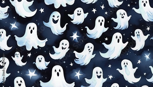 pattern of cute cartoon ghosts on a dark blue background, perfect for Halloween. Playful and spooky vibe with white ghost illustrations scattered evenly across the backdrop.
