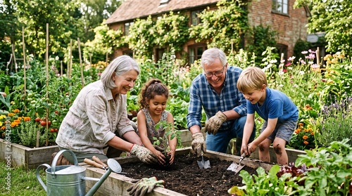 Grandparents and grandchildren happily gardening together in a lush backyard garden