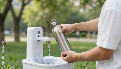 Conscious Consumer Filling Reusable Metal Water Bottle at Urban Hydration Station