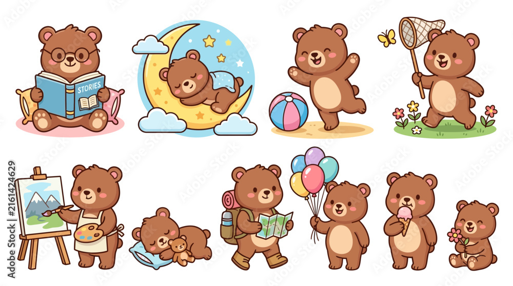 Fototapeta premium Set of cute cartoon teddy bears doing various daily activities like reading playing painting and sleeping with balloons