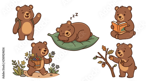 Cute cartoon brown bears set doing different activities like sleeping reading and walking in a collection of illustrations